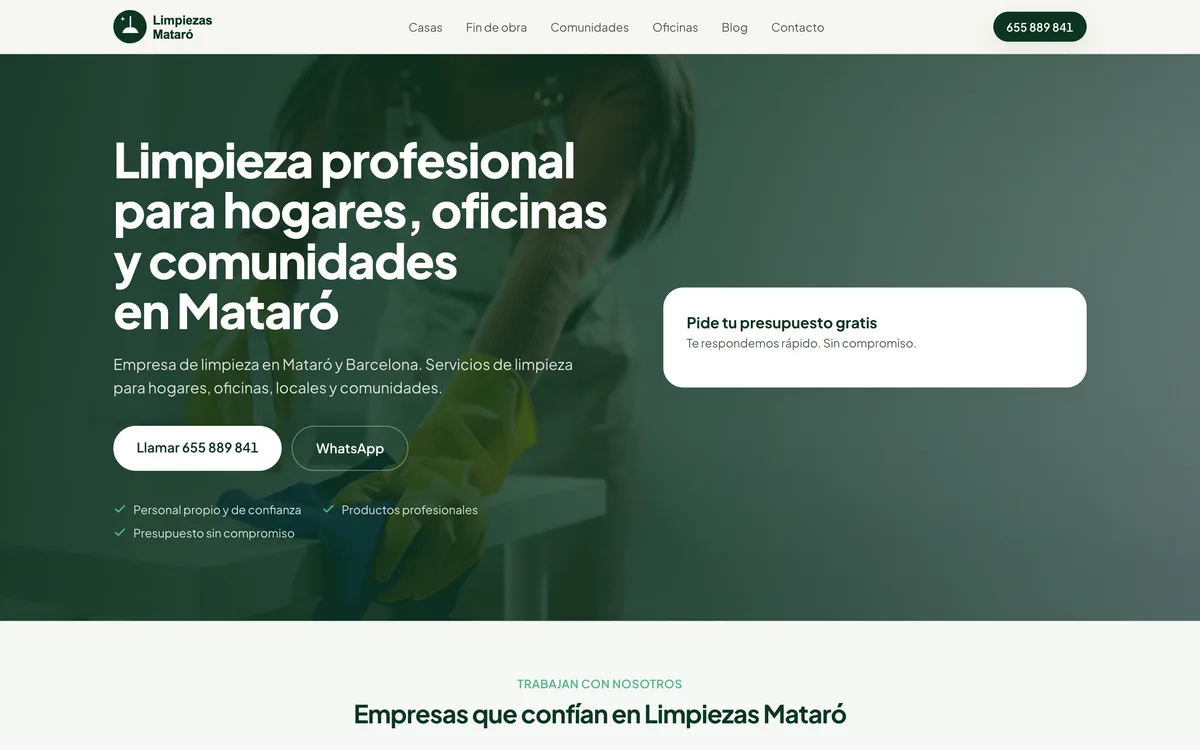 Portada de una web de limpieza de hogares, oficinas y comunidades en Mataró