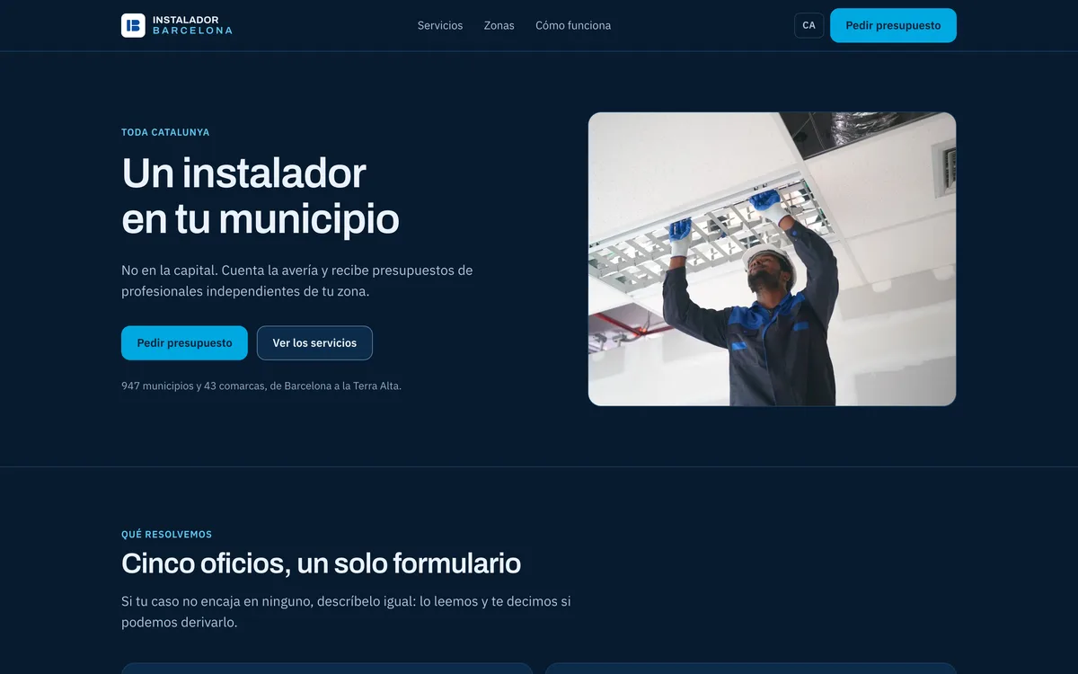 Portada de una web de gremios e instalación en Barcelona