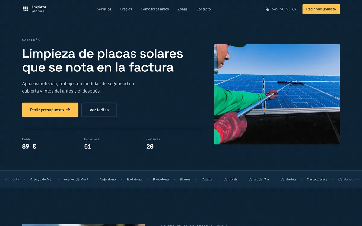 Portada de una web de limpieza de placas solares en Nacional