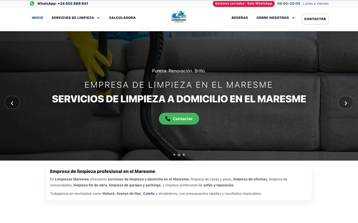 Portada de una web de limpieza a domicilio en Maresme