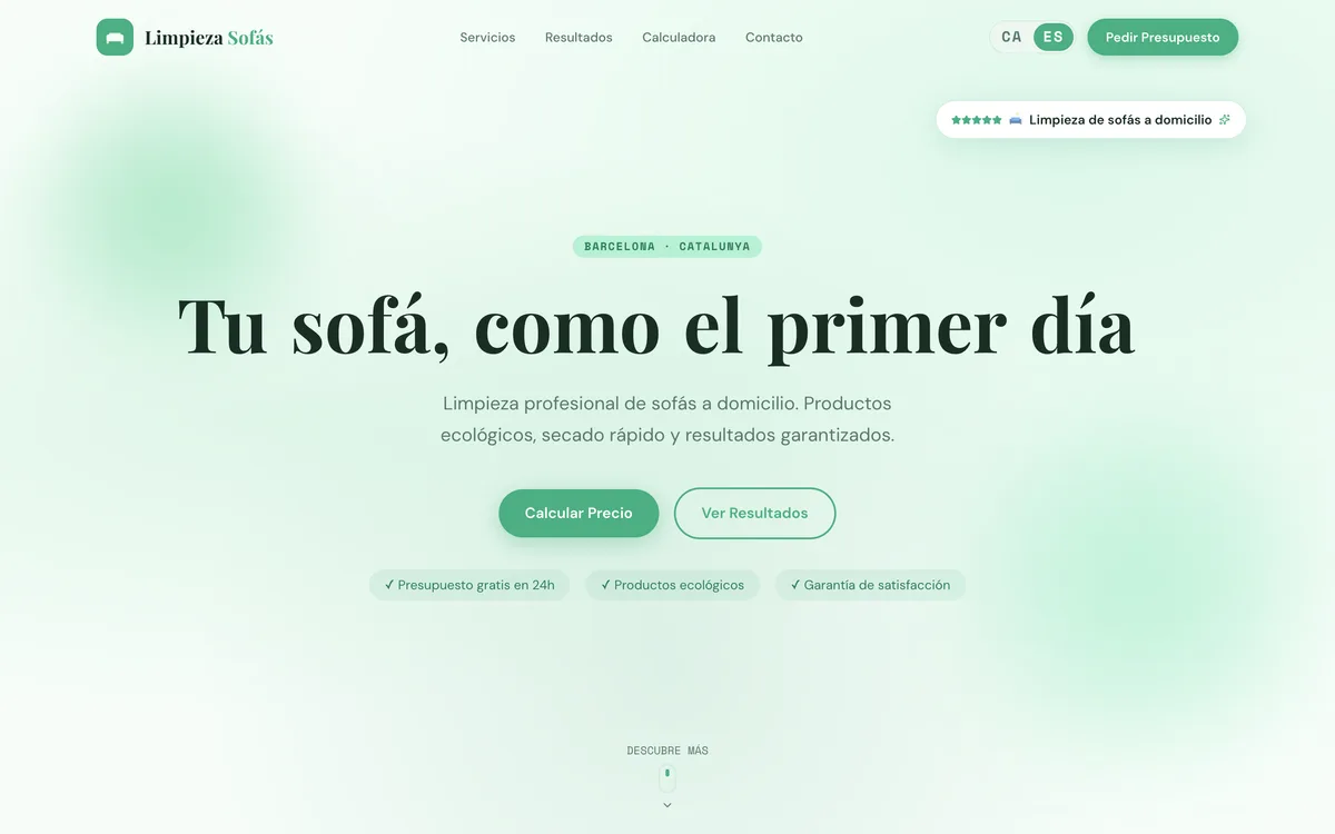 Portada de una web de limpieza de sofás y tapicería en Barcelona