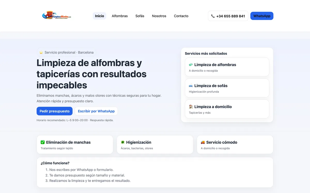 Portada de una web de limpieza de alfombras en Barcelona