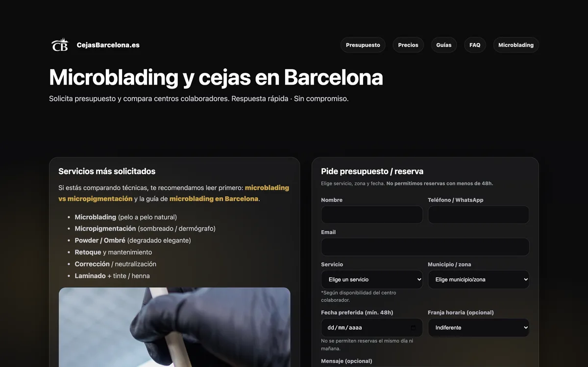 Portada de una web de microblading y cejas en Barcelona