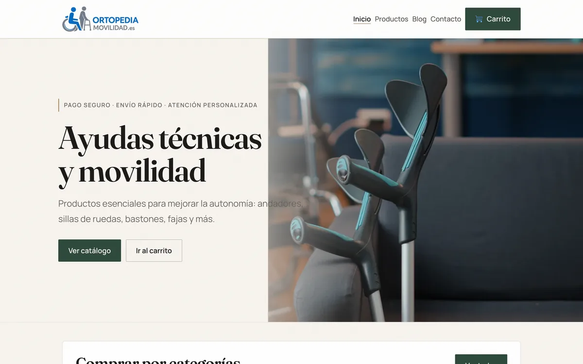 Portada de una web de ortopedia y ayudas técnicas en Nacional