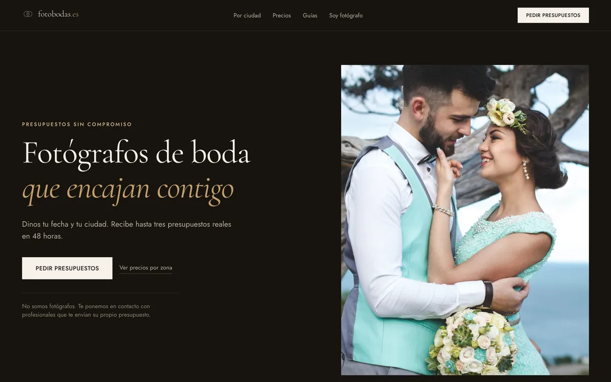 Portada de una web de fotógrafos de boda en Nacional