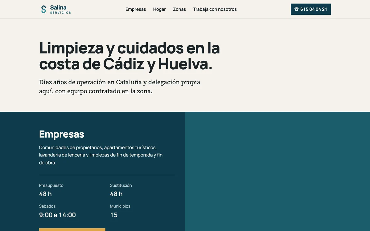 Portada de una web de limpieza y servicios del hogar en Cádiz y Huelva