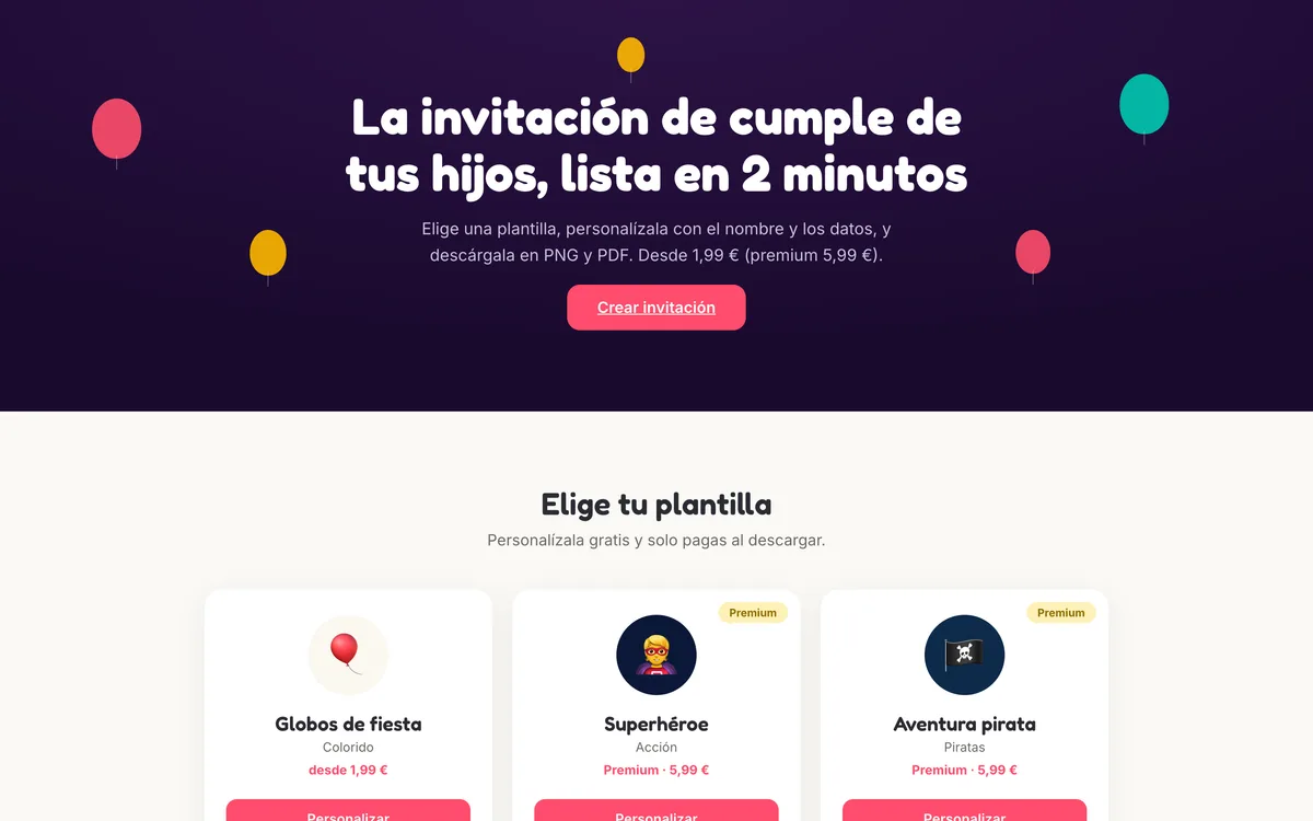 Portada de una web de invitaciones y fiestas infantiles en Nacional