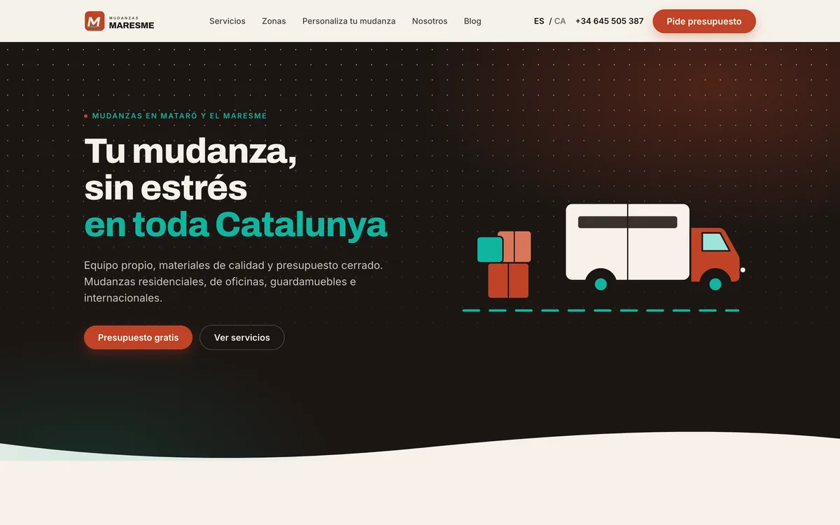 Portada de una web de mudanzas, oficinas y guardamuebles en Maresme