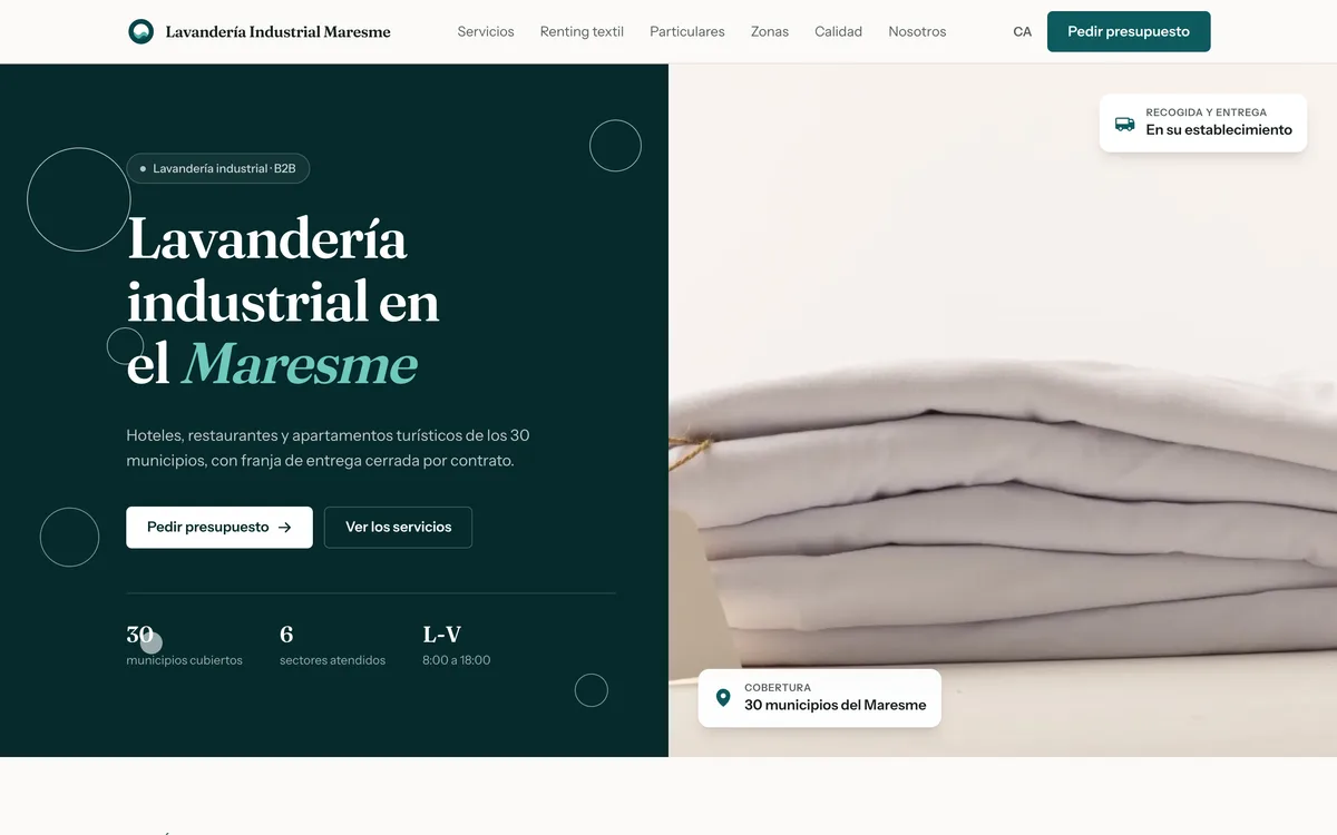 Portada de una web de lavandería industrial y renting textil en Maresme