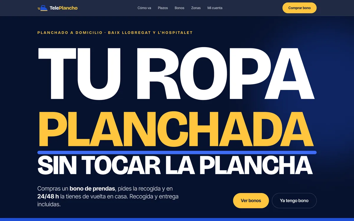 Portada de una web de planchado a domicilio por bonos en Baix Llobregat y Maresme