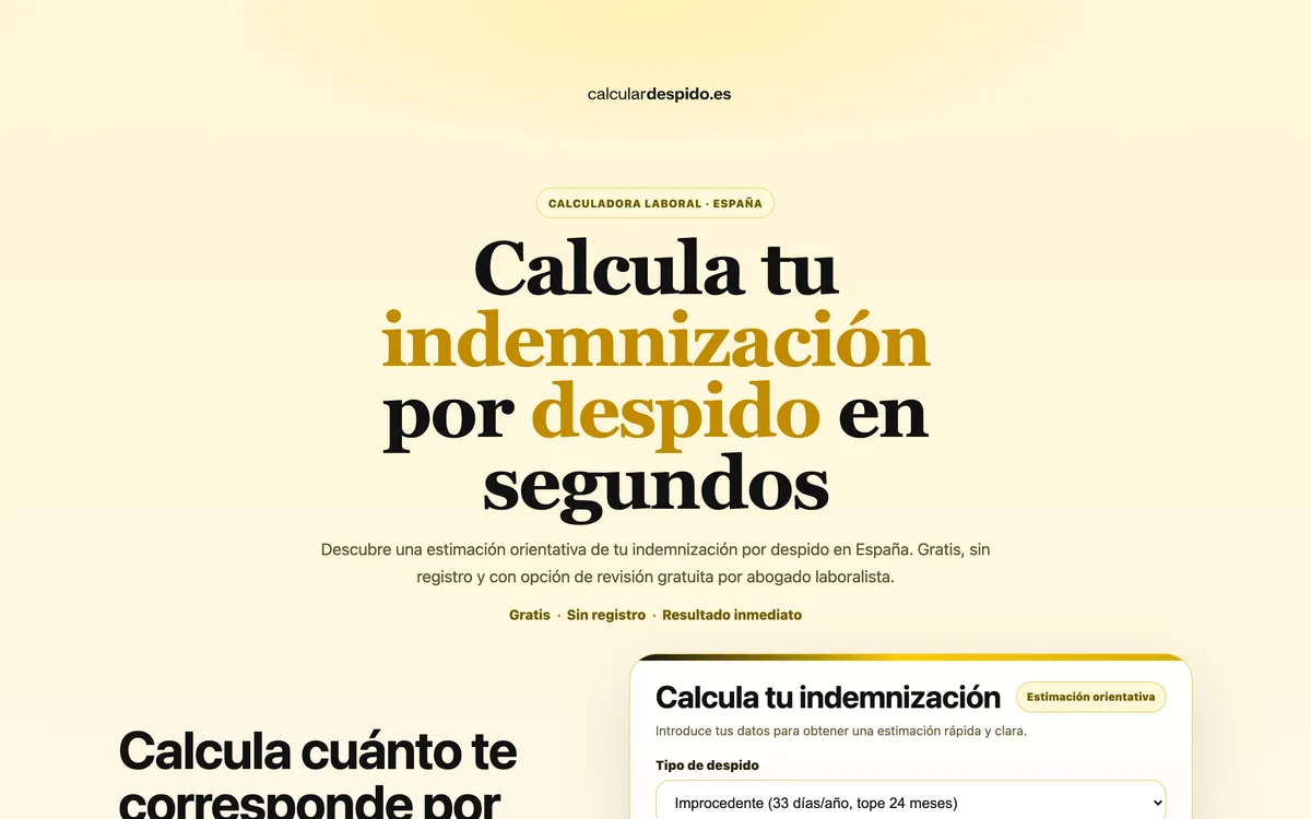 Portada de una web de calculadora de indemnización por despido en Nacional