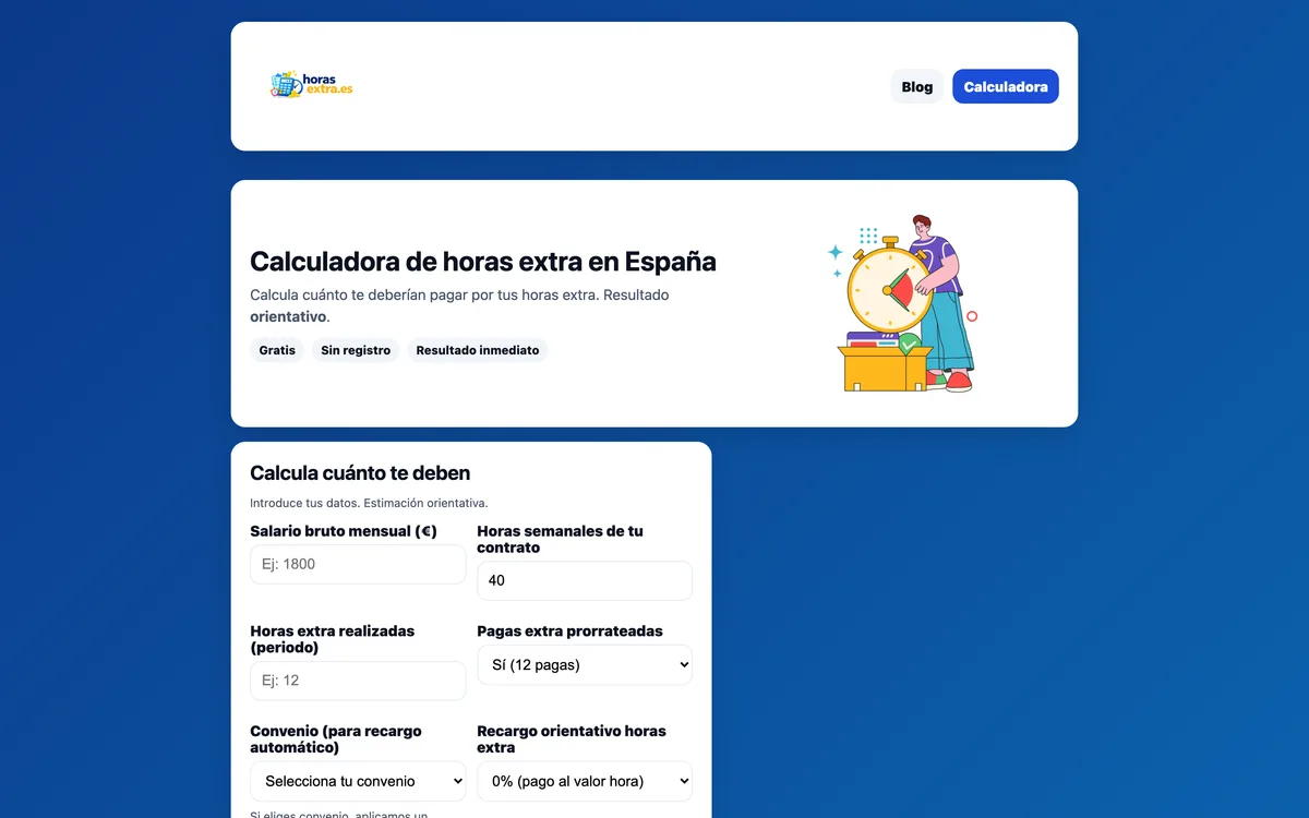 Portada de una web de calculadora de horas extra en Nacional