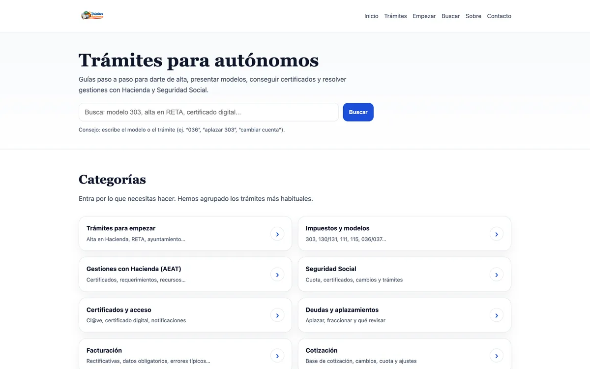 Portada de una web de guías de trámites para autónomos en Nacional