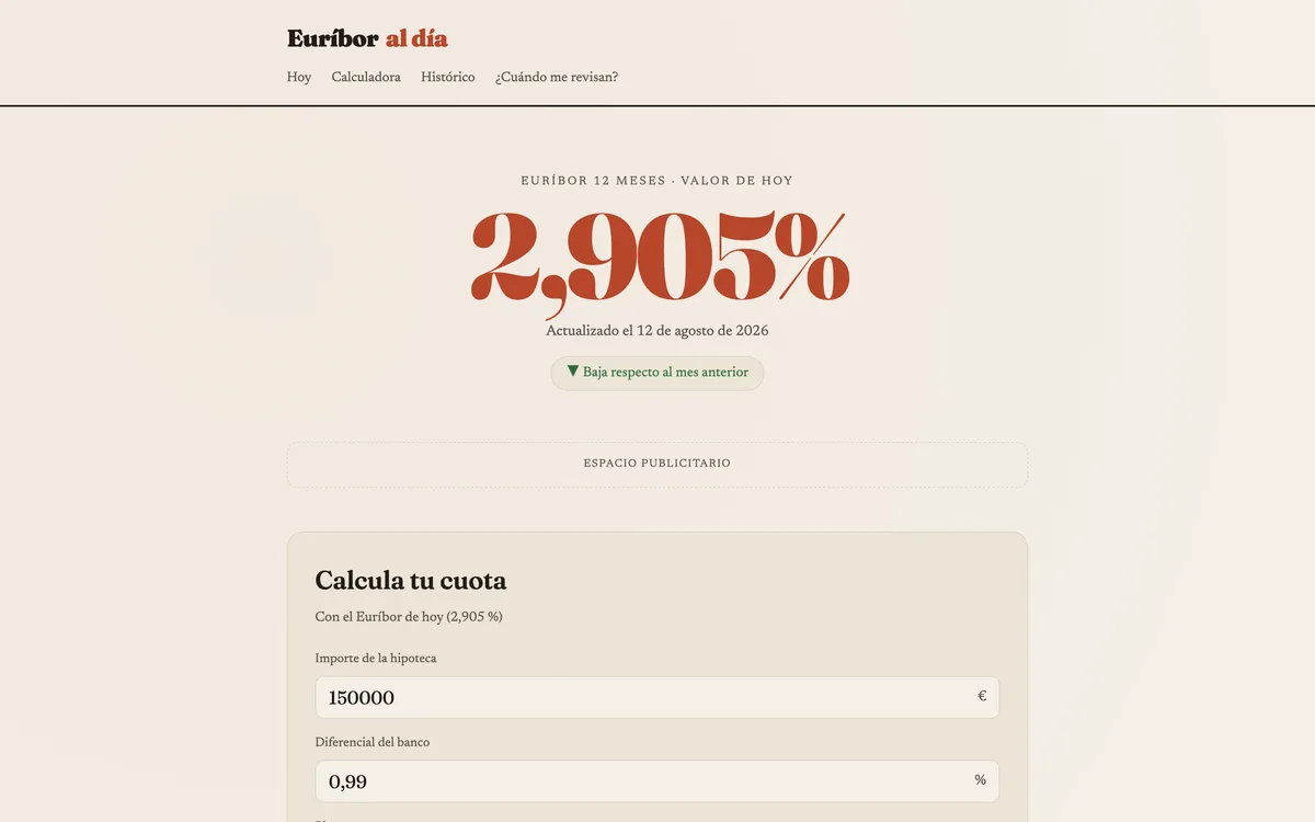 Portada de una web de euríbor y cuota de hipoteca en Nacional