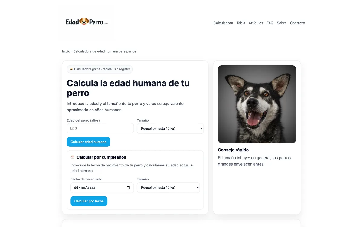Portada de una web de calculadora de edad canina en Nacional