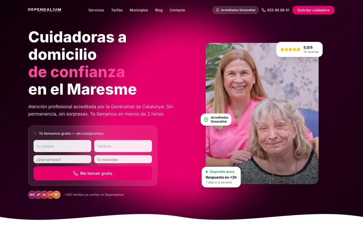 Portada de una web de cuidadoras a domicilio en Maresme