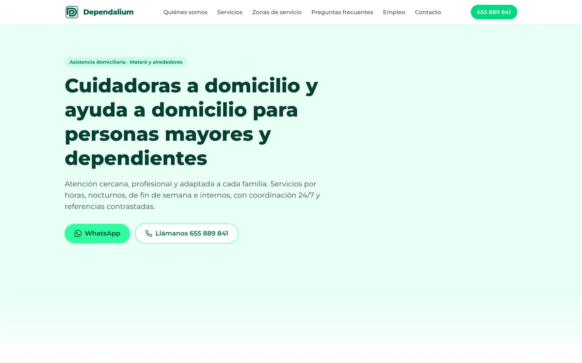 Portada de una web de ayuda a domicilio y dependencia en Catalunya