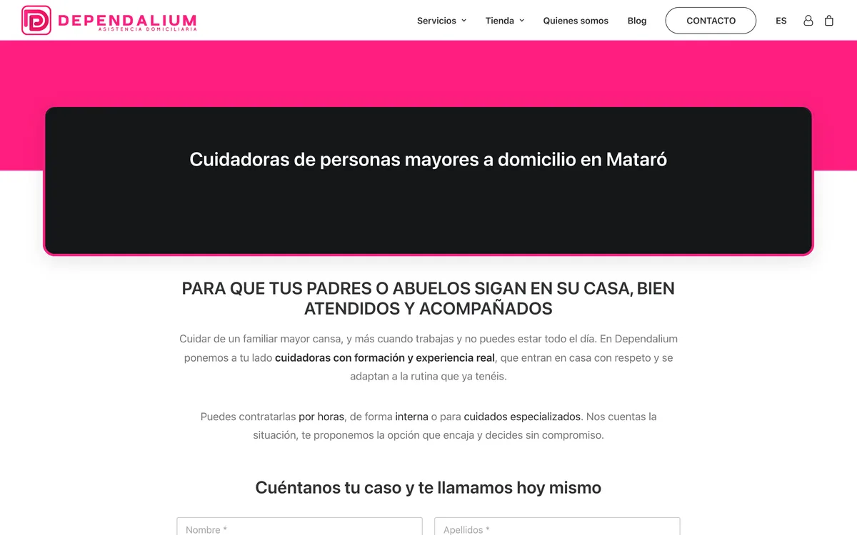 Portada de una web de cuidado de personas mayores en Mataró