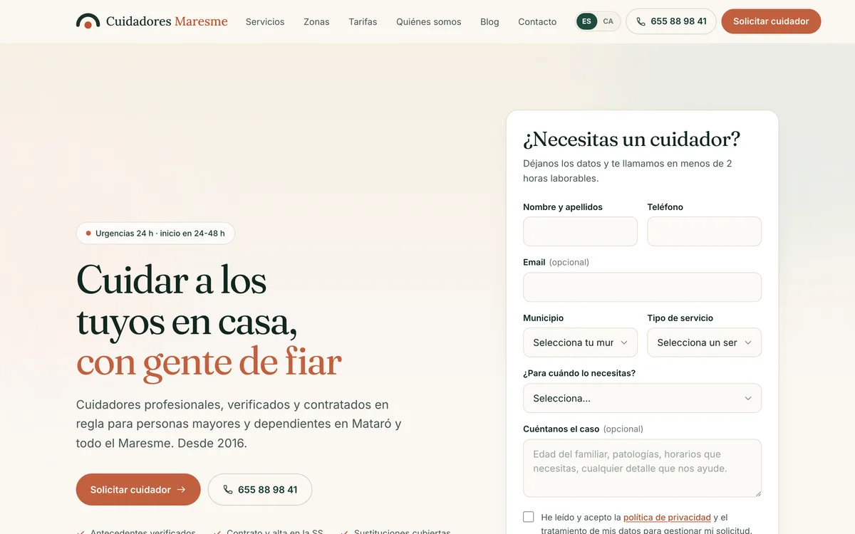 Portada de una web de cuidadores para mayores en Maresme