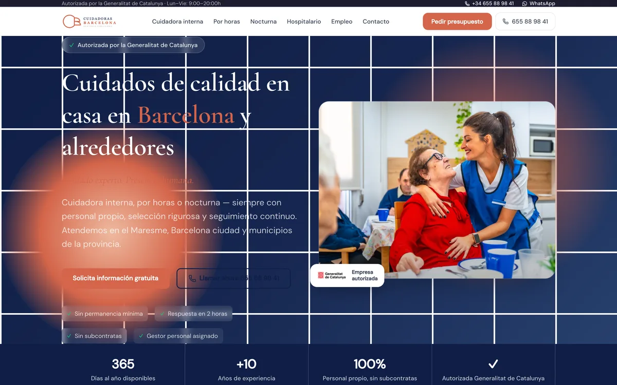 Portada de una web de cuidadoras internas y por horas en Barcelona