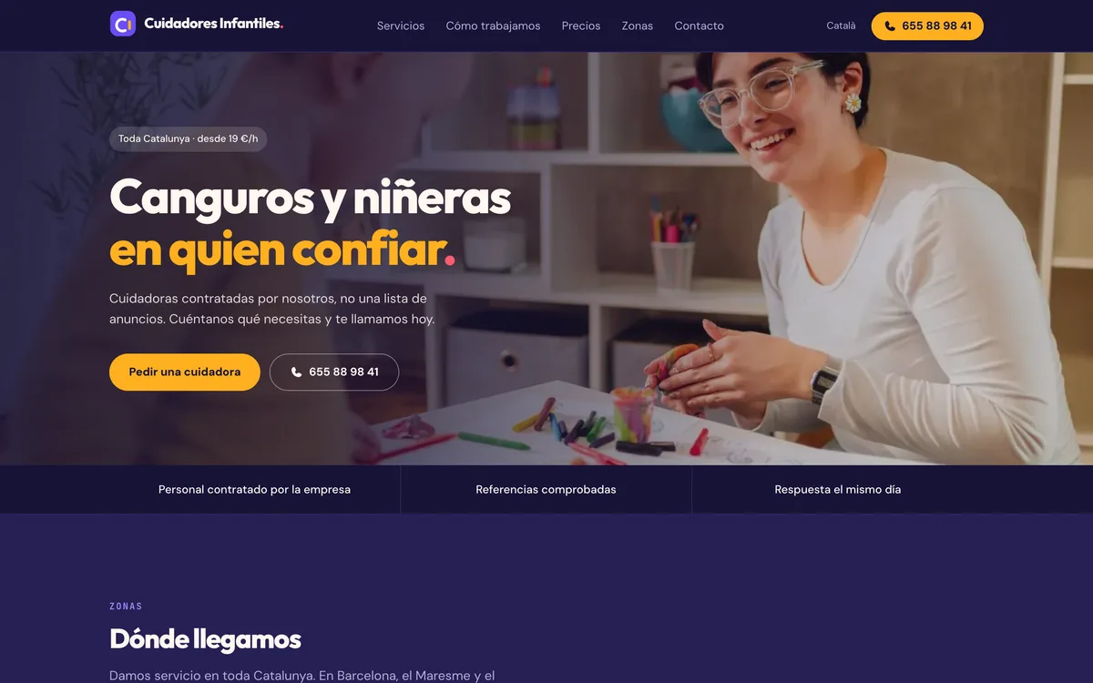 Portada de una web de canguros y niñeras en Catalunya