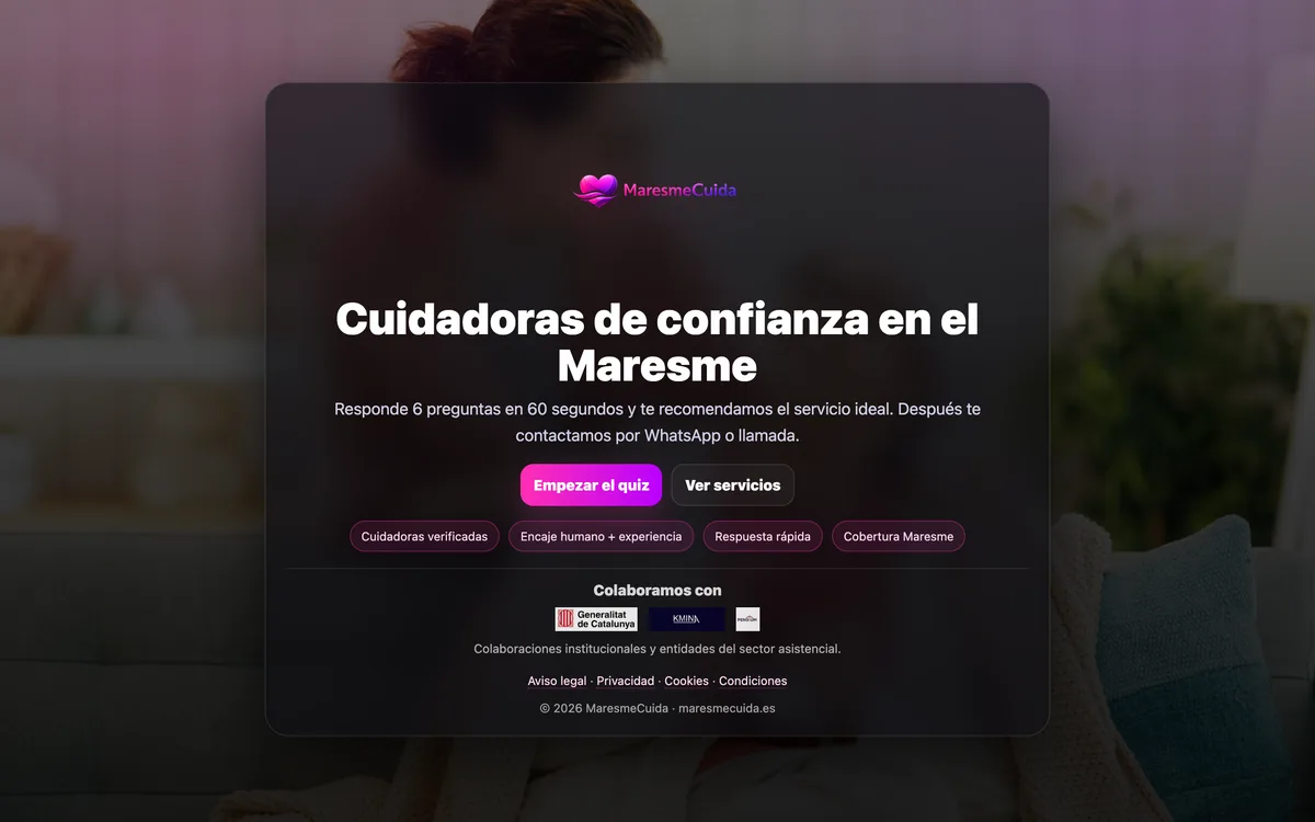Portada de una web de cuidadoras de confianza en Maresme