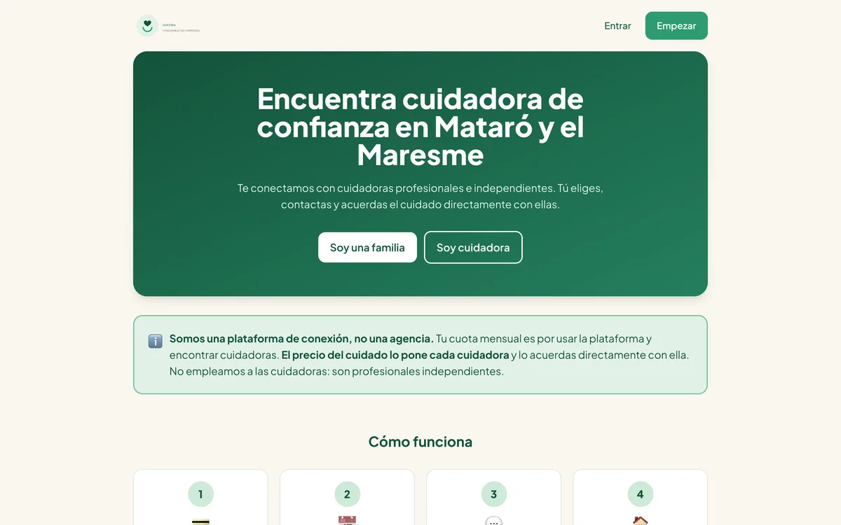 Portada de una web de plataforma de cuidadoras en Maresme