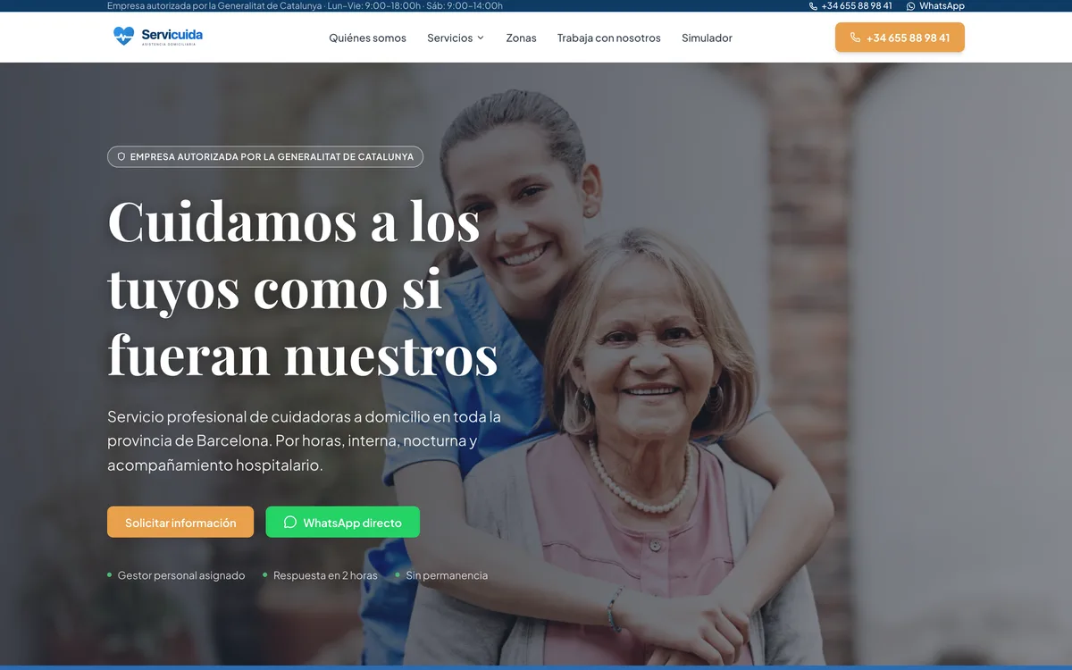 Portada de una web de servicio de cuidadoras autorizado en Barcelona