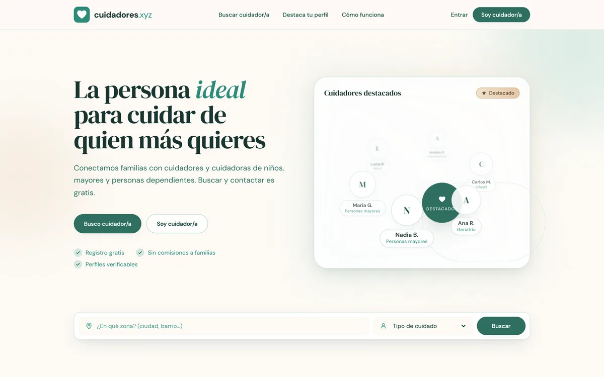Portada de una web de buscador de cuidadores en Nacional