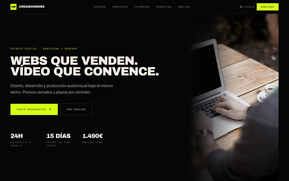 Portada de una web de diseño web y vídeo en Barcelona