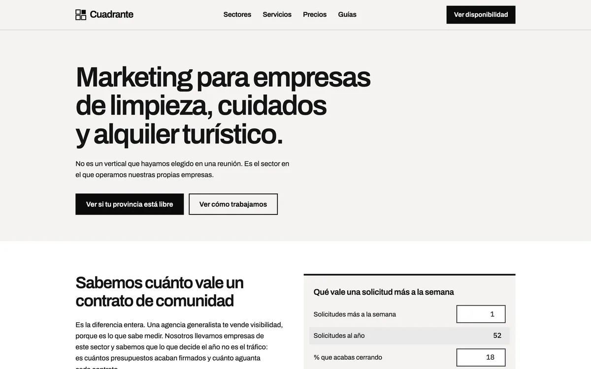 Portada de una web de marketing para limpieza, cuidados y alquiler turístico en Nacional