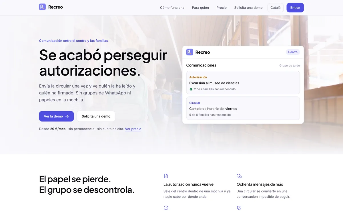 Portada de una web de comunicación entre colegio y familias en Nacional