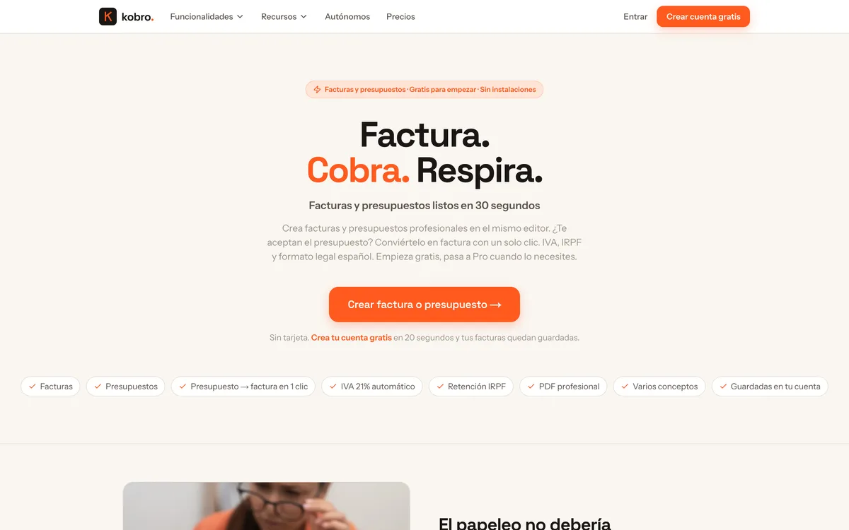 Portada de una web de facturas y presupuestos en Nacional
