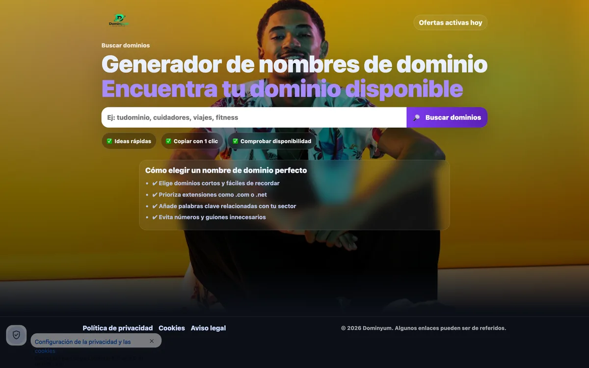 Portada de una web de generador de nombres de dominio en Nacional
