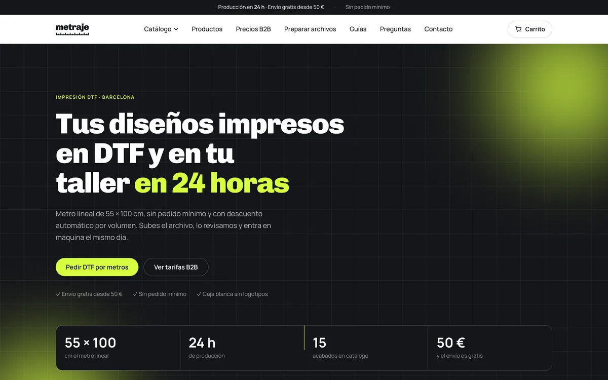 Portada de una web de impresión dtf por metros, con carrito y panel en España y Portugal